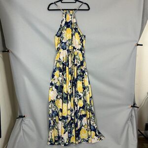 Lulu's Precious Memories Navy Floral Halter Maxi Dress XL Yellow Rose Side Slit